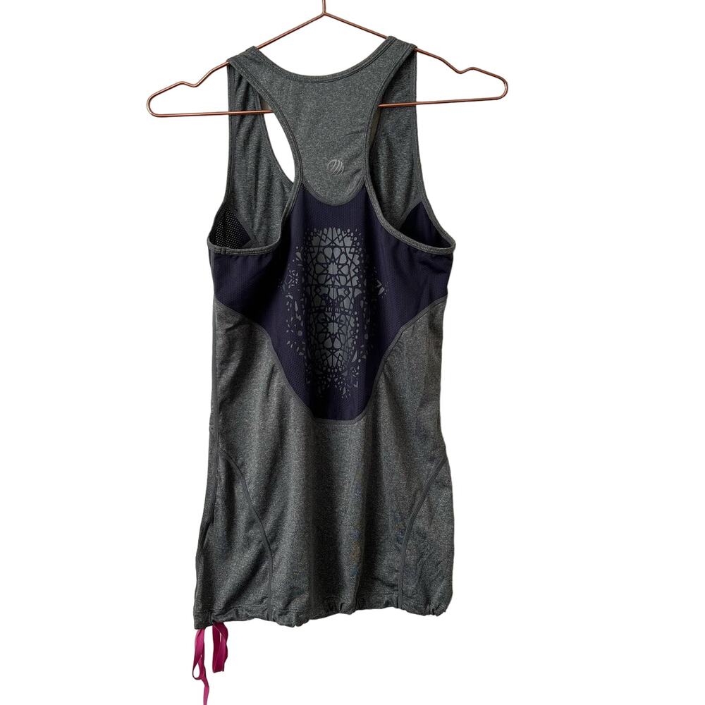 MPG gray racerback mesh panel geometric print cinched hem tank top